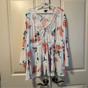 Torrid Floral Lace-Up Peasant Babydoll Long Sleeve Blouse Top Bohemian Plus